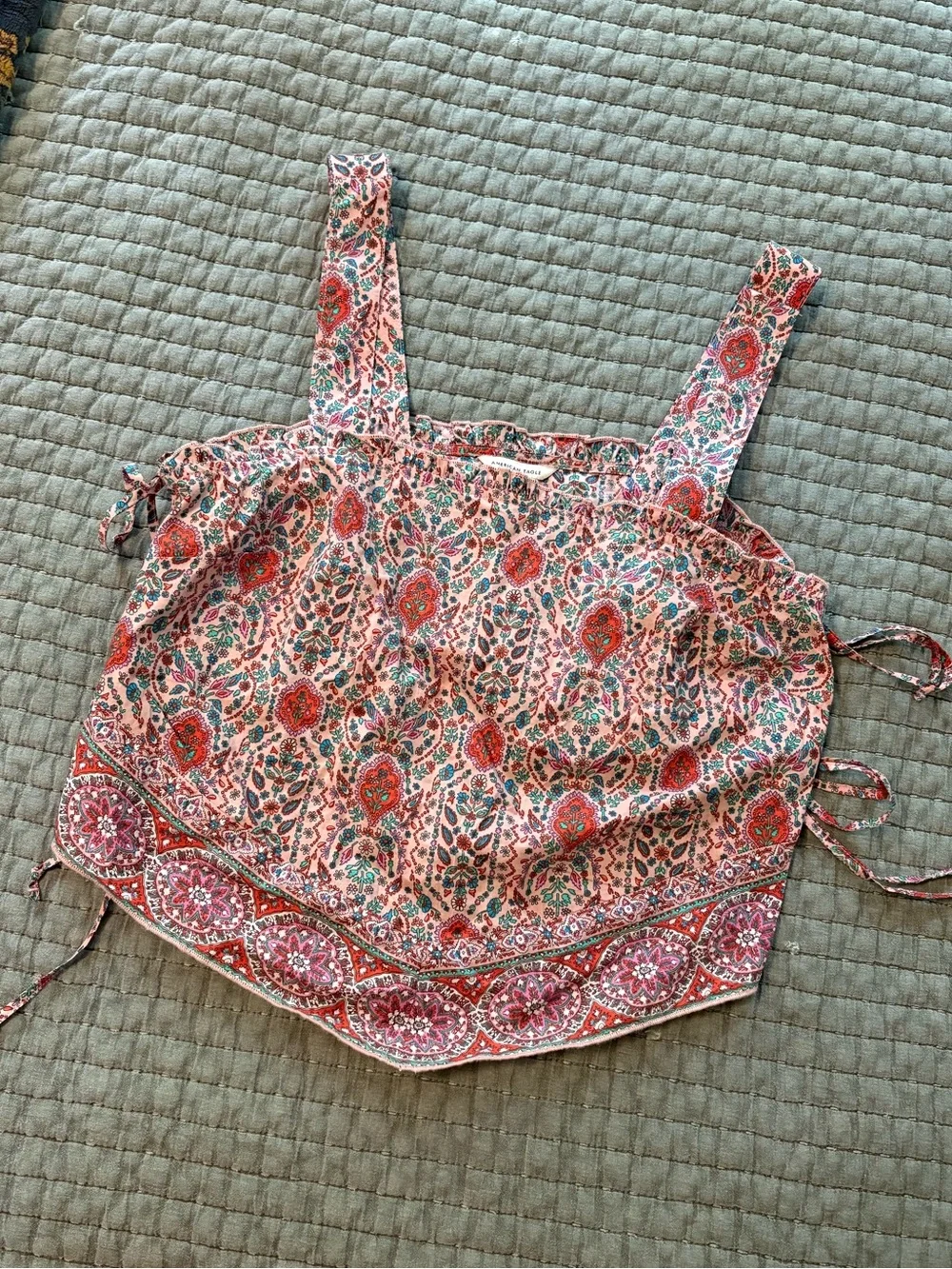 American Eagle Floral Print Pink Tank Top with Tie Details